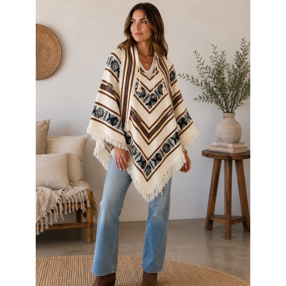 Tejidos Diaz Wool Blend zarape Poncho south west Motif Mayan Incan Ecuador